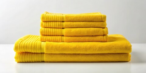 A vibrant stack of neatly folded yellow bath towels, displayed on a bright white surface, showcasing luxurious softness and freshness