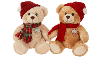 Two adorable teddy bears wearing festive hats and scarves holding hands
