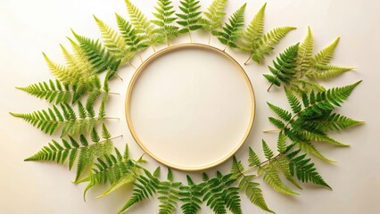 Circular Frame Encircled by Lush Green Fern Fronds, Botanical Arrangement, Nature Inspired Design