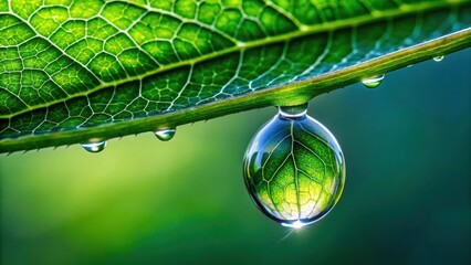 A single dewdrop clings to a vibrant green leaf, reflecting the intricate leaf structure and the surrounding natural world