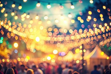 Evening Gathering Illuminated by Festive String Lights and Blurry Crowd