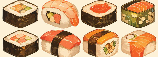 Ilustra&ccedil;&atilde;o vetorial de diversos tipos de sushi e rolls japoneses, com salm&atilde;o, camar&atilde;o e ovas.