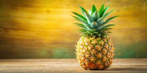 A single ripe pineapple rests on a rustic wooden surface against a warm, blurred background, showcasing its vibrant yellow-gold scales and lush green crown.