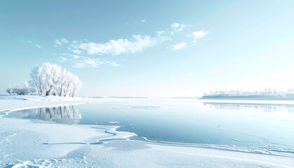 雪原と凍った水面の冬風景｜4Kリアリスティック・ミニマリスト・コピースペース付き
``