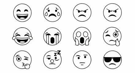 Set of various hand drawn emoji faces expressing different emotions.