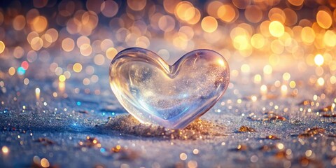 A shimmering glass heart rests gently on a bed of sparkling glitter, bathed in the warm glow of enchanting bokeh lights.