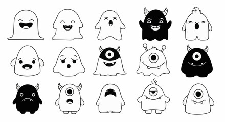 Collection of Cute Cartoon Monsters and Ghosts with Various Expressions.