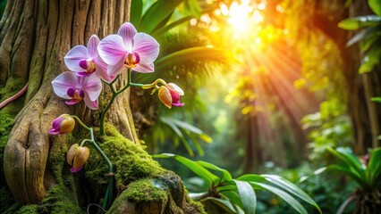 Lush tropical rainforest scene with vibrant orchid blossoms growing on mossy tree trunk, bathed in warm sunlight