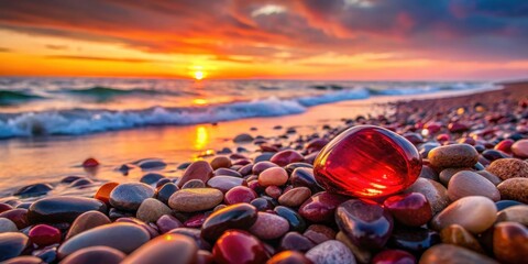 Serene Sunset Glow Illuminates Smooth Ocean Stones and a Radiant Red Gem on a Shoreline