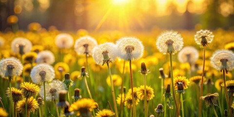 Golden Hour Dandelions A Field of Fluffy Seed Heads Bathed in Warm Sunlight, Peaceful Meadow Scene, Serene Nature Photography