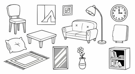 Living room furniture arrangement with chair, sofa, table, and decor.