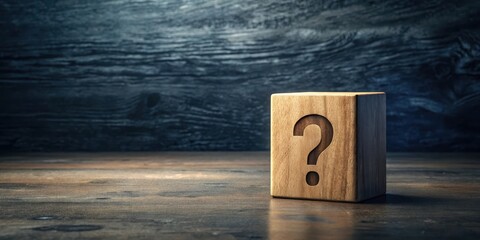 Wooden Cube with Question Mark on Dark Background, Symbolizing Inquiry and the Search for Answers