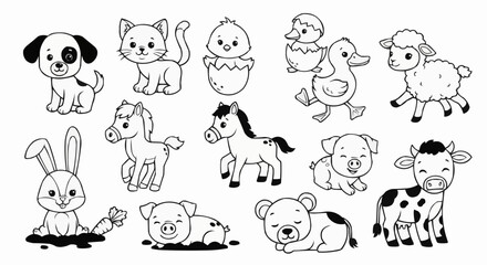 Adorable farm animals collection in black and white illustration.