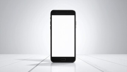 Modern Black Smartphone with Blank White Screen Displayed on a White Wooden Table.
