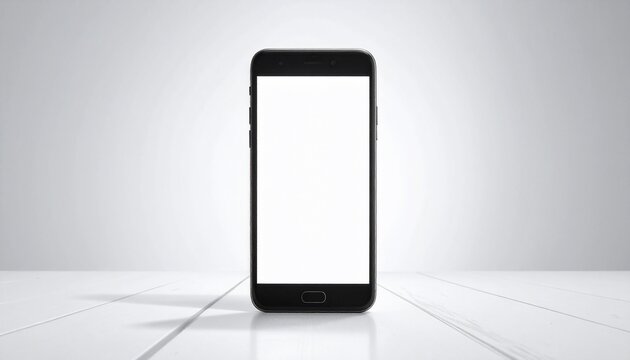 Modern Black Smartphone with Blank White Screen Displayed on a White Wooden Table.