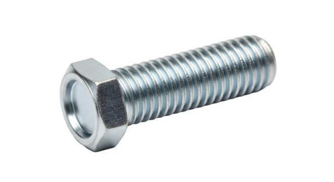 Close-up of a shiny metal hex bolt a fastener used in construction and manufacturing isolated on white