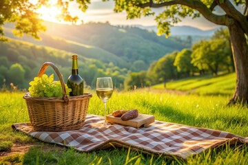 Serene Sunset Picnic with Wine and Savory Treats on a Lush Green Meadow
