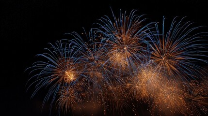 Vibrant Fireworks Display Against a Black Night Sky with Illuminated Orange and Blue Explosions