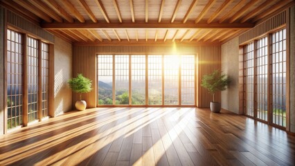 Sunlit Zen Interior Design with Hardwood Floor and Large Windows