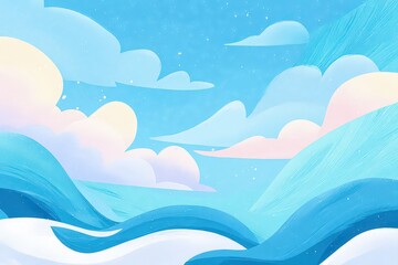 Fototapeta premium Abstract Pastel Landscape Featuring Rolling Hills and Floating Clouds Under a Blue Sky