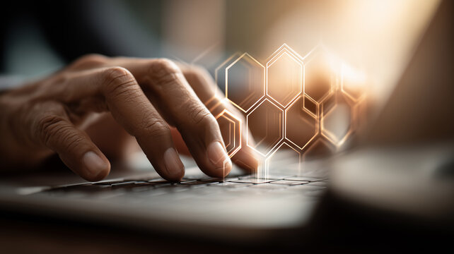 Hands typing on a keyboard with a digital network overlay, conveying cybersecurity, data management, and innovation in modern work.
