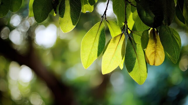 Sunlit Green Leaves with Yellow Speckles and Bokeh Background in Nature