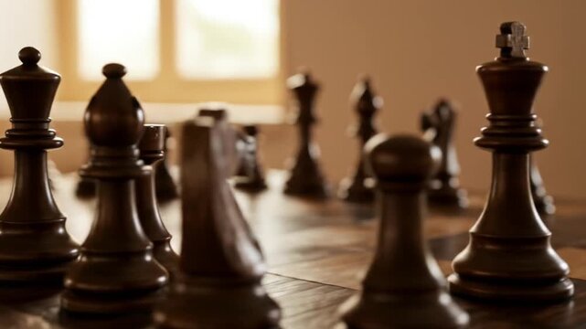 Warm-lit chessboard scene with carved wooden pieces, foreground king in focus, soft window glow now