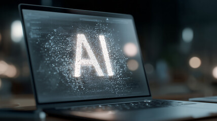 Laptop displaying AI typography represents generative apps, coding workflows, and creative automation for modern productivity.
