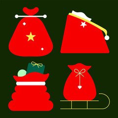 Christmas Gift Bag Flat Colorful Icons Set – Festive Vector of Santa Sack, Presents, and Holiday Decorations for Joyful Winter Celebration
