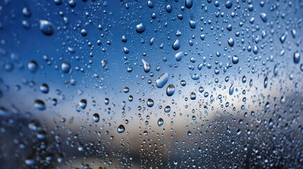 Transparent Raindrops on Glass Against a Cloudy Blue Sky Abstract Natural Background