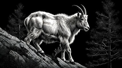 White Mountain Goat Standing on Rocky Slope in Nighttime Forest Scene