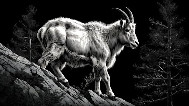 White Mountain Goat Standing on Rocky Slope in Nighttime Forest Scene