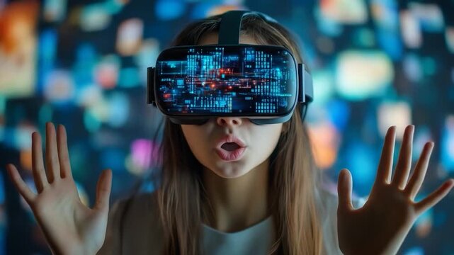 Amazed person wearing a virtual reality headset with glowing digital interface - Powered by Adobe