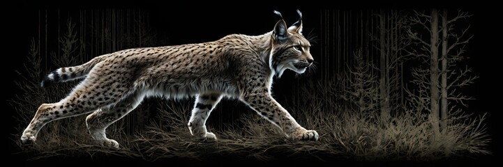 Obraz premium Sleek Lynx Walking in Dark Forest with Tall Trees and Subtle Backlighting