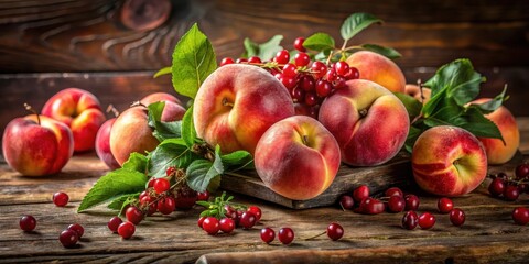 A rustic still life featuring a bountiful harvest of ripe peaches and vibrant red berries, artfully arranged on a weathered wooden surface.