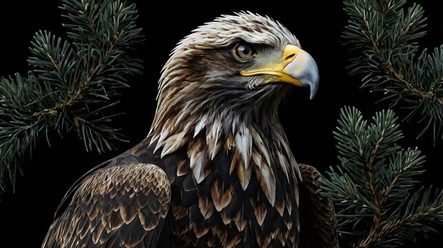 Majestic Bald Eagle Perched on Tree Branches with Dark Background and Green Pine Needles