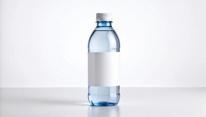 Small clear plastic water bottle with a white cap and a blank rectangular label, set against a bright, clean background. Beverage packaging template.