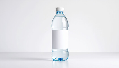 Clear plastic bottle filled with drinking water, featuring a white cap and a blank white label. Isolated on a clean, bright background. Hydration branding.