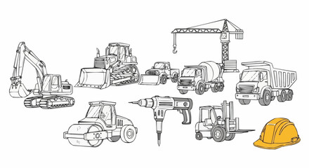 Construction Vehicles and Equipment with Safety Helmet Sketch. © FURI