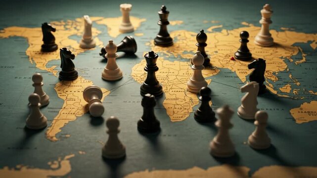 A world map doubles as a chessboard with scattered white and black pieces across continents globally