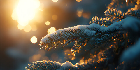 Snow-Covered Pine Branches in Warm Winter Sunlight