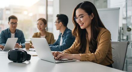 Smiling woman working on laptop with colleagues in modern office setting.