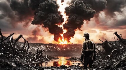 Apocalyptic Scene of Destruction with a Sole Survivor Witnessing the Blast. - Powered by Adobe