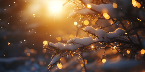 Snow-Covered Pine Branches in Warm Winter Sunlight
