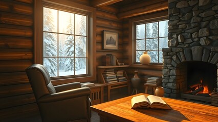 Serene winter morning in a rustic log home with a crackling fire and a snowy forest view through the window