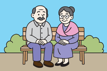 A colorful vector illustration of an elderly couple sitting peacefully in a park, surrounded by nature, symbolizing lasting love, harmony, and the joy of togetherness.