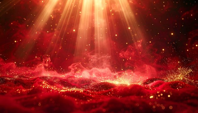 Fiery and glowing abstract celestial phenomenon with dramatic light rays and sparkling particles