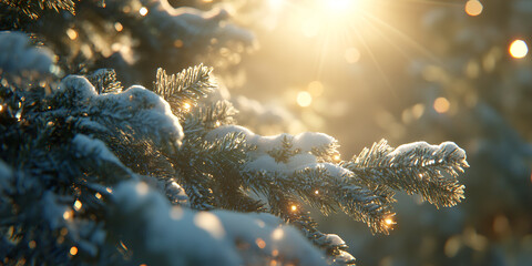 Snow-Covered Pine Branches in Warm Winter Sunlight