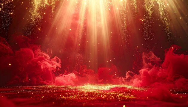 Mystical stage illuminated by heavenly golden light rays piercing through vibrant red smoke clouds - Powered by Adobe