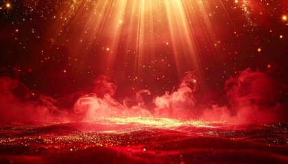 Dramatic Red and Gold Light Rays Illuminating Smoky Atmosphere Over a Sparkling Surface